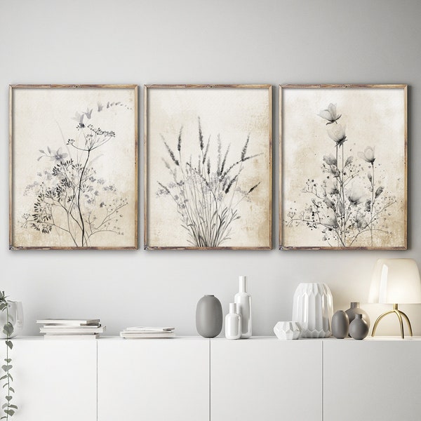 Black Flowers on Vintage Background, Rustic Boho Wall Decor, Modern Farmhouse, Handmade Wall Art, Printed and Shipped