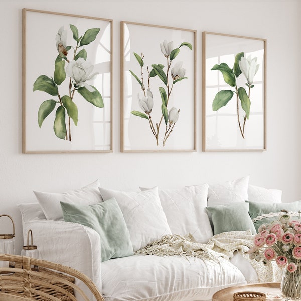 Set of 3 White Magnolia Branches, Botanical Fine Art Prints, Minimalist Home Art, Modern Farmhouse Art, Landhaus Wall Decor, Giclee Poster