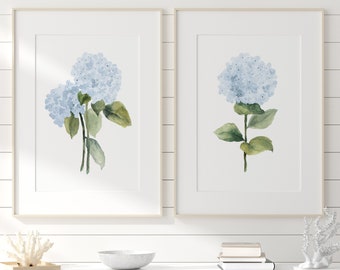 Watercolor Hydrangea Flower, Artwork for Modern Hamptons Home, Spring & Summer Art, Botanical Prints, Fine Art Poster Set of 2 for Queen Bed