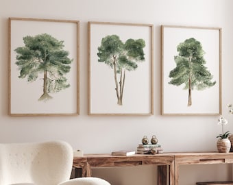 Alberi di pino di pietra dell'acquerello su sfondo bianco, Set di 3 stampe, stampe d'archivio dipinte a mano, illustrazioni botaniche minimaliste della natura