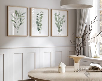 Set mit 3 Aquarellen, minimalistischen Kräutern, Rosmarin, Eukalyptus, Salbeigrün, Bündel, Kunstposter, Küche, Esszimmer, Schlafzimmer, Heimdekoration