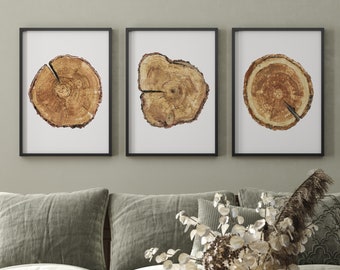 Watercolor Tree Trunks, Set of 3 Prints, Hand Painted Slice of Wood, Abstract Tree Rings, Modern Scandinavian Wall Decor, Nature Art