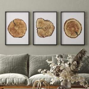 Tronchi d'albero acquerellati, set di 3 stampe, fetta di legno dipinta a mano, anelli di alberi astratti, decorazione murale scandinava moderna, arte della natura