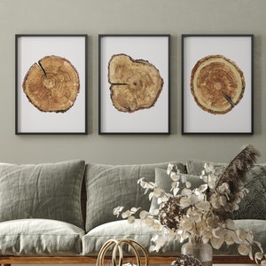 Watercolor Tree Trunks, Set of 3 Prints, Hand Painted Slice of Wood, Abstract Tree Rings, Modern Scandinavian Wall Decor, Nature Art