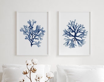 Watercolor Coral & Seaweed, Navy Blue Indigo Sea Fern, Set of 2 Prints, Botanical Art, Nautical Duo, Modern Beach House Decor, Hamptons Art