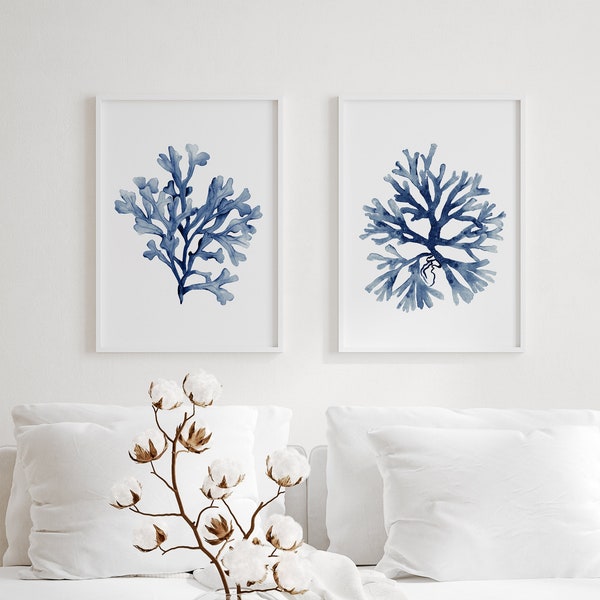 Watercolor Coral & Seaweed, Navy Blue Indigo Sea Fern, Set of 2 Prints, Botanical Art, Nautical Duo, Modern Beach House Decor, Hamptons Art