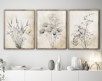 Fleurs sauvages noires sur fond rustique, lot de 3 impressions, dessin à l'aquarelle, peinture lavande, décoration d'intérieur minimaliste avec une touche vintage