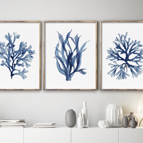 Coral Seaweed Navy Blue Watercolor Set of 3 Prints - Etsy UK