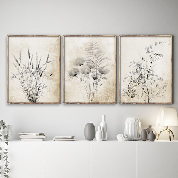 Schwarze Wildblumen auf rustikalem Hintergrund, 3er-Set Drucke, Aquarell Zeichnung, Lavendel Malerei, minimalistisches Wohndekor mit Vintage Flair