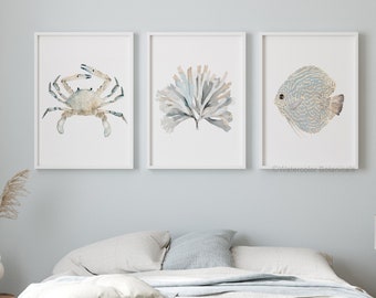 Watercolor Coastal Set, Minimalist Nautical Wall Decor, Sea Life Prints, Abstract Modern Art, Fine Art Posters, Crab, Seaweed Discus Fish