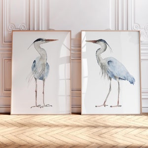 Minimalistische Blauer Reiher Wandkunst - Aquarell 2er-Set Drucke, moderne Wanddekoration, Wasservogel Illustration, Küsten Hauskunst, großes Kunstwerk