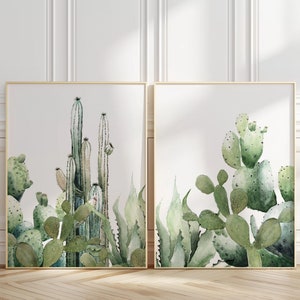 Cactus Watercolor Painting, Set of 2 Prints, Desert Plants, Modern Botanical Wall Decor, Extra Large Art, Coastal Artwork