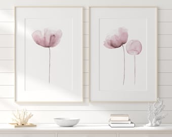 Old Rose Blush Pink Flowers, Modern Watercolor Minimalist Abstract,  Floral Wall Decor, Set 2 Prints, Drawing, Botanical Poppy Large Posters