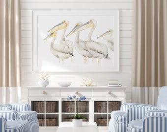 Watercolor Abstract Pelicans, Minimalist Painting, Horizontal Fine Art Poster, Modern Coastal Wall Decor