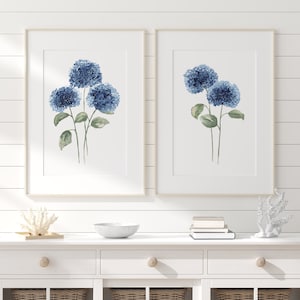 Classic Hortensien Duo - 2er-Set Handgemachte botanische Drucke, minimalistische Blumenwandkunst für Hamptons & von der Natur inspirierte Dekorationen