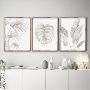 Watercolor Tropical Leaves, Set of 3 Prints, Beige & Gray Modern Design, Banana, Palm Leaf, Monstera Painting Minimalist Extra Large Artwork