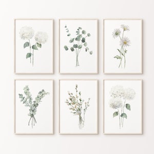 Stampe di fiori ed erbe – ortensia, lavanda, margherite ed eucalipto, decorazioni murali minimaliste verde salvia, arte boho neutra
