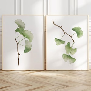 Watercolor Green Ginkgo Leaves, Green Watercolor Leaves, Set of 2 Fine Art Posters, Minimalist Modern Wall Art, Botanical Prints