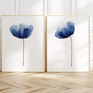 Indigo klaproosbloemen, moderne aquarelafdrukken, bloem minimalistisch, set van 2 prenten, tekening botanische kunst posters