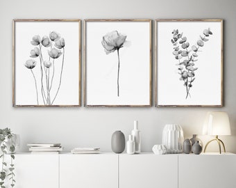 Aquarell 3er Set Drucke, Eukalyptusbündel & Mohnblumen, schwarz weiß Wanddekor, moderne abstrakte, minimalistische botanische Wandkunst, Herbstdekor