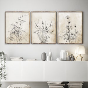 Może przedstawiać: Trzy oprawione wydruki ścienne przedstawiające czarno-białe ilustracje botaniczne polnych kwiatów i traw na teksturowanym beżowym tle. Każdy prostokątny wydruk jest umieszczony w cienkiej drewnianej ramie, prezentując szczegółowe szkice kwiatowe.