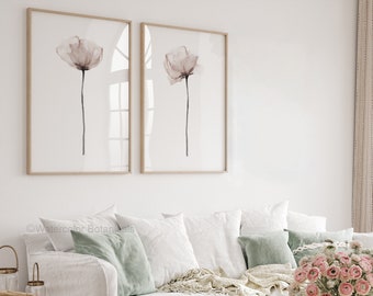 Moderne Bauernhaus Kunst, 2er Set Drucke, Minimalistische Neutrale Mohnblumen, Boho Mohn Zeichnung, Kunst über Couch, Wanddekor, Botanische Kunst Poster