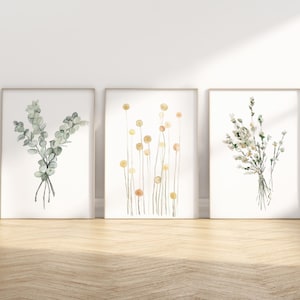 Set di 3 stampe botaniche verde salvia e giallo - eucalipto, lavanda e craspedia, stampe artistiche minimaliste sulla natura, arte moderna