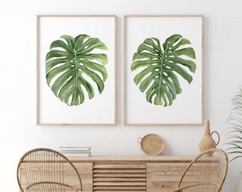 Monstera Deliciosa Aureri, Set di 2 Stampe, Foglie Extra Large in Verde Succoso, Foglie Tropicali Minimaliste, Pianta Esotica, Poster Botanico