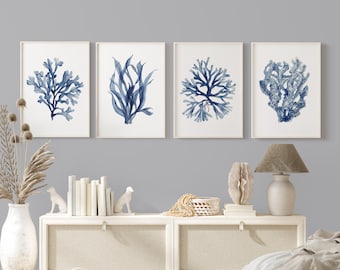 Navy Blue Watercolor Corals, Seaweed Painting, Set of 4 Prints, Minimalist Wall Decor, Botanical Prints, Nautical Artwork, Beach House Decor