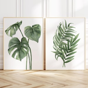 Filodendro verde moderno e foglie di palma – Set di 2 stampe – Arte murale botanica minimalista – Dipinti astratti moderni della natura