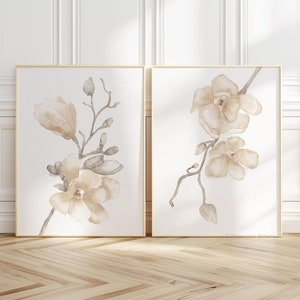 Magnolia acquerello beige, dipinto di fiori, set minimalista di belle arti di 2 stampe, stampa botanica di grandi dimensioni, decorazione floreale della stanza della natura