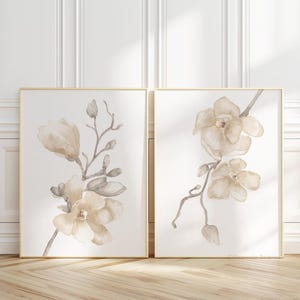 Beige Watercolor Magnolia, Flower Painting, Fine Art Minimalist Set of 2 Prints, Botanical Large Print, Nature Floral Room Decor