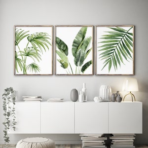 Tropical Watercolor Leaves, Set of 3 Prints, Exotic Greenery, Banana & Fan Palm Leaf Bunch, Minimalist Decor, Beach House Artwork image 3