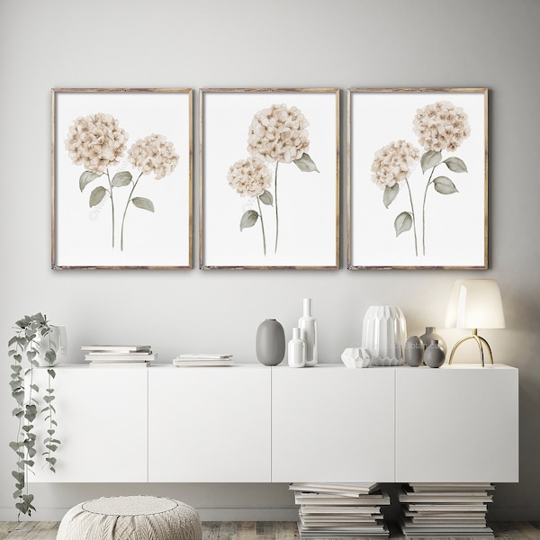 Hydrangea Watercolor Set of 3 Prints, Modern Farmhouse Art, Beige Flowers, Giclee PRINT, Neutral Botanical Wall Decor, Country Home Image