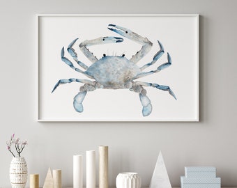 Illustration minimaliste à l'aquarelle de crabe, affiche d'art petite et grande, animaux de l'océan, tableau, impression de crabe bleu, nautique, image côtière