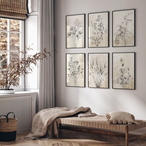 Set di 6 stampe in stile fattoria moderna, fiori neri su sfondo rustico, poster artistici, arte murale botanica, decorazioni murali vintage e boho