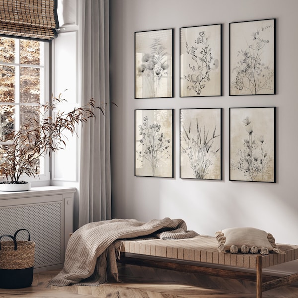 Modern Farmhouse Set of 6 Prints, Black Flowers on Rustic Background, Fine Art Posters, Botanical Wall Art, Vintage & Boho Wall Decor