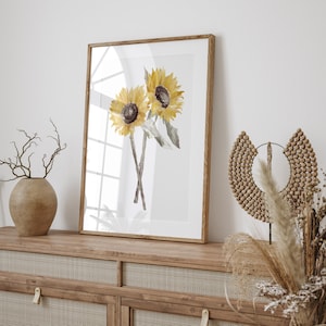 Impresión de girasoles en acuarela: arte floral minimalista para pared, impresión botánica abstracta con dos girasoles