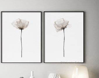 Watercolor Poppies, Beige Gray Set of 2 Prints, Floral Room Decor, Minimalist Flowers, Botanical Print, Brown Abstract Plant, Nursery Art