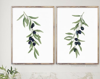 Acquerello Ramo d'ulivo, Pittura minimalista, Olive nere, Stampa botanica, Decorazione arte cucina, Illustrazione