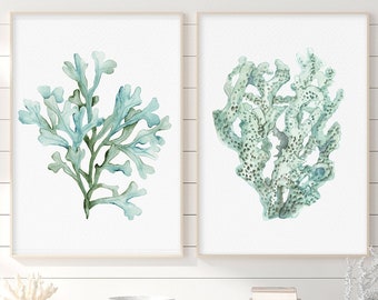 Coral Watercolor Seaweed Set of 2 Botanical Prints, Nautical Artwork, Beach House Art, Sea Fern Teal Coral Painting, Ocean Plants, Gift Idea