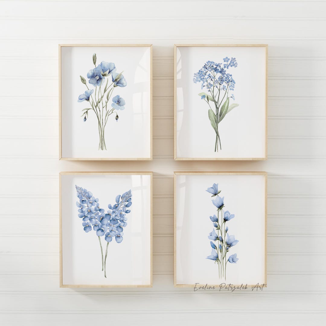 Blue Wildflower Collection – Set of 4 Watercolor Botanical Prints ...