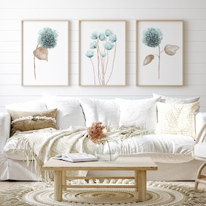 Stampe floreali blu turchese – Set di 3 stampe acquerellate di ortensie e papaveri, decorazioni murali botaniche minimaliste per interni ispirati alla natura