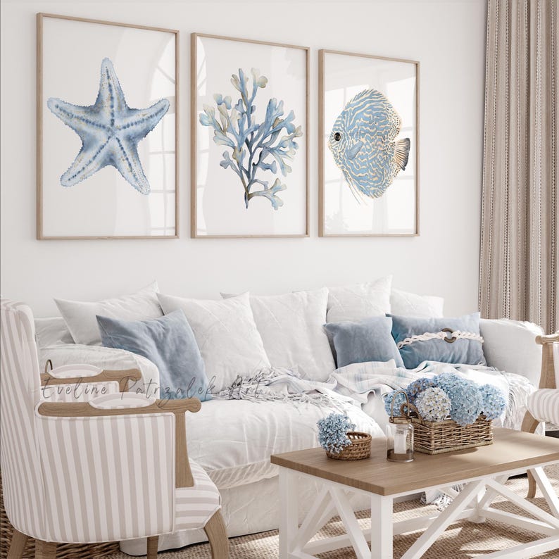 Coastal Wall Art Set of 3 – Ocean Fish, Coral & Starfish Beach House ...