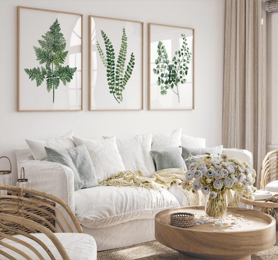 Watercolor Green Ferns Leaves, Modern Wall Art, Large Leaf on White Background, set of 3 Botanical Prints, Modern Farmhouse Art, Landhouse