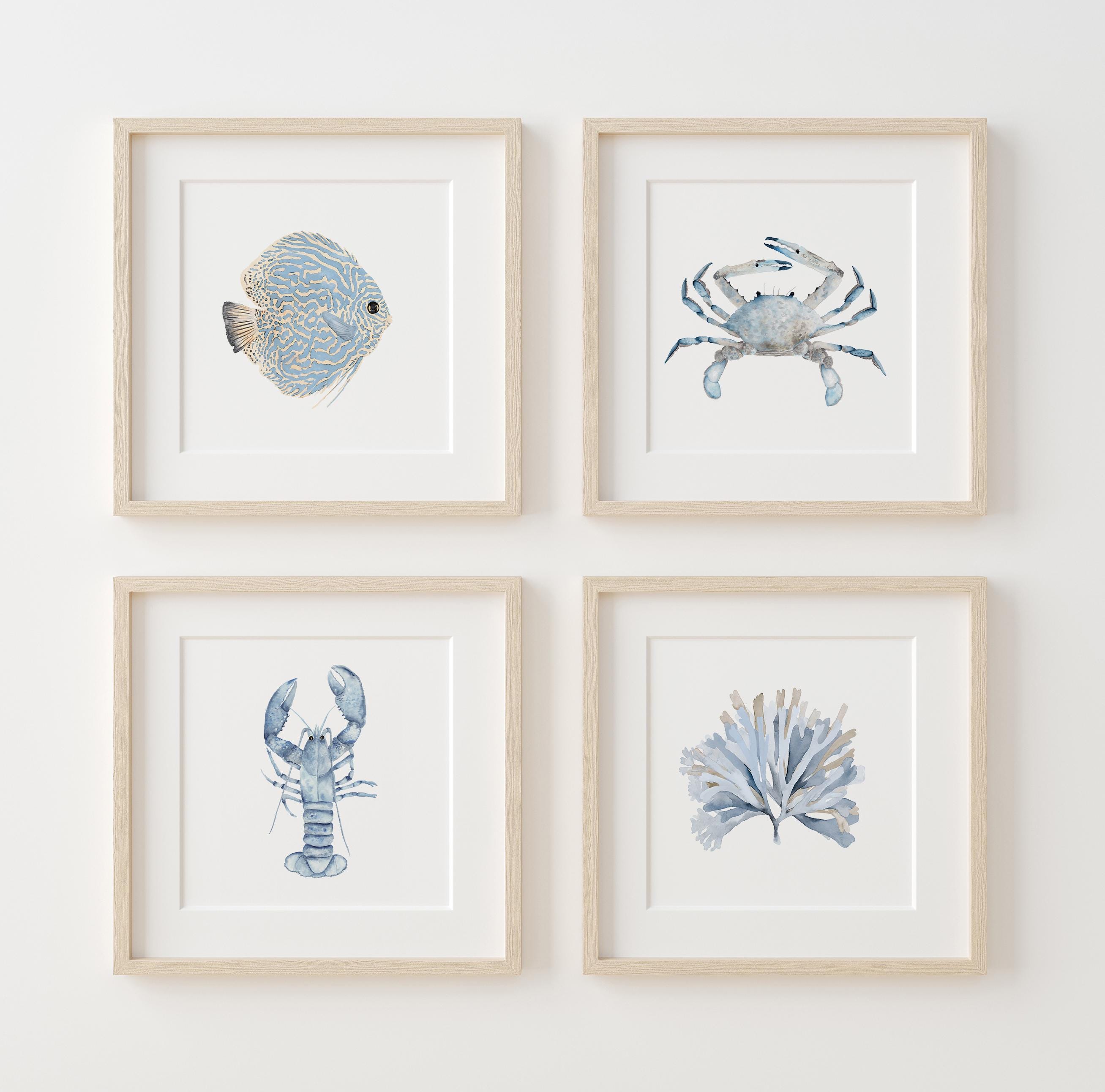 Coastal Watercolor Set of 4 Prints – Minimalist Ocean Life Art, Blue Animals Painting, Beach House Wall Decor, Crab, Fish, Marine Poster
