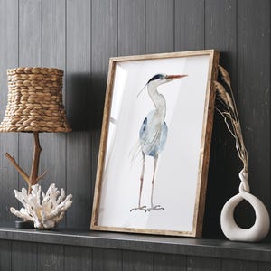 Grote blauwe reiger aquarel schilderij, enkele Fine Art poster, archivering print, handgeschilderde illustratie, afbeelding meervogels, natuurkunst