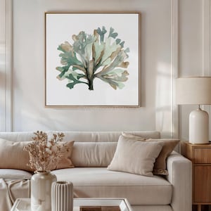 Green Minimalist Seaweed Print – Extra Large Art Poster | Nautical Wall Decor | Teal Green & Taupe Ocean-Inspired Minimalist Artwork