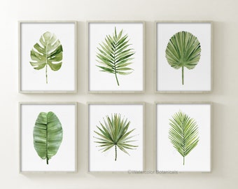 Set of 6 Prints, Vivid Green Watercolor Tropical Leaves