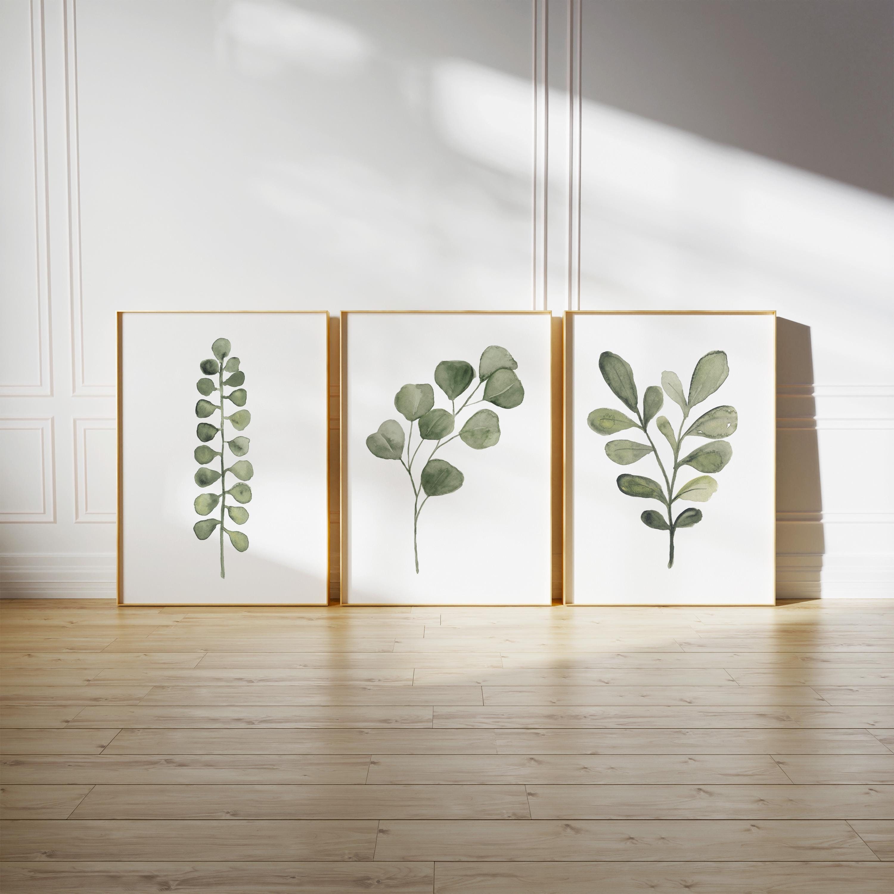 Olive Green Botanical Wall Art – Set of 3 Watercolor Leaf Prints in ...